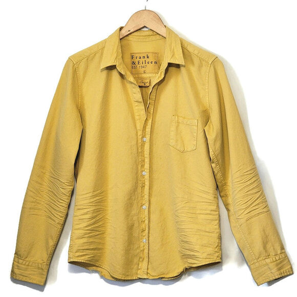 Frank & Eileen Barry Button Up Shirt Woven Distressed Hem Tailored Gold Yellow L